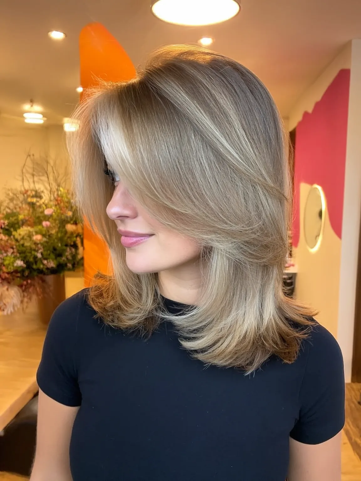 Medium-Length Ash Blonde Feathered Layers with Side-Swept Bangs